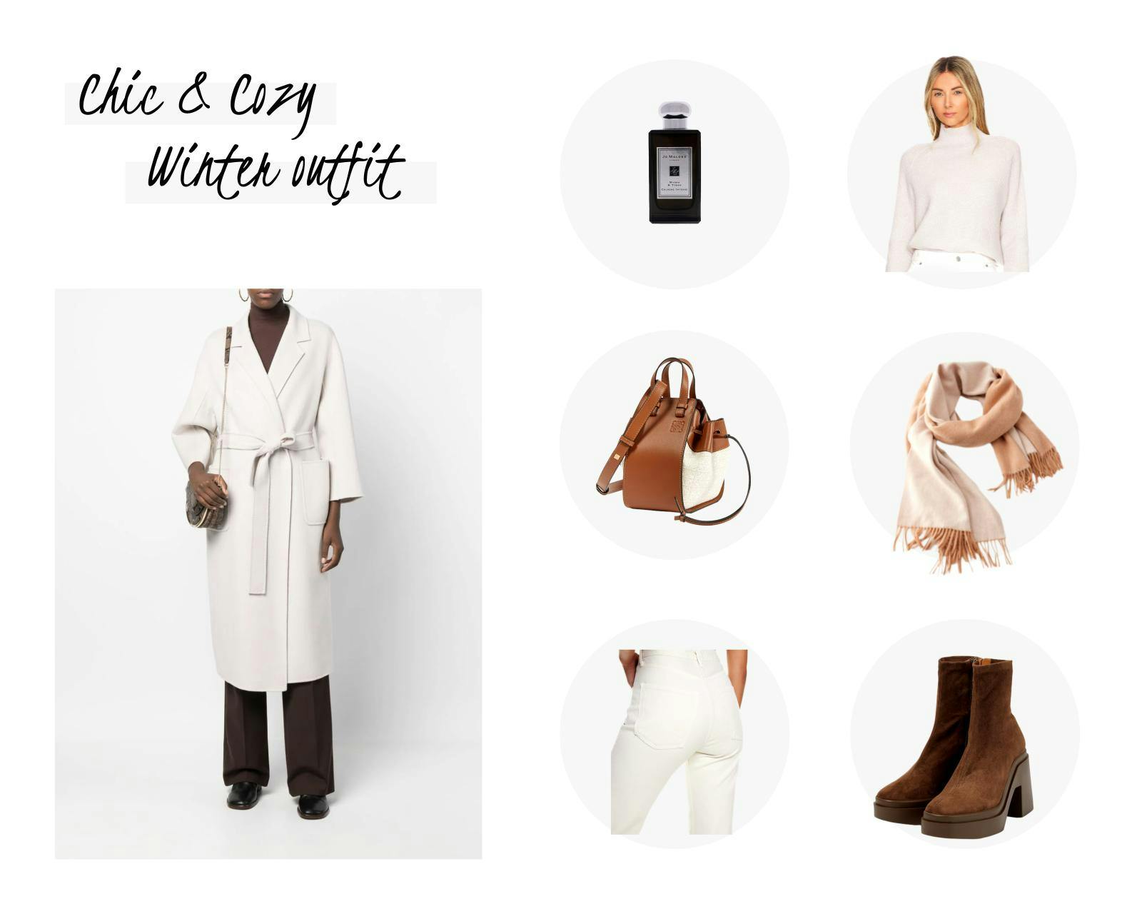 Chic and cosy white winter outfit with details in camel and brown