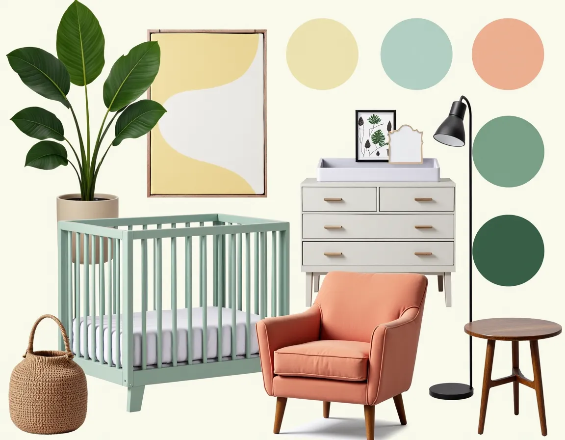 nursery mood board ideas with mint peach and soft yellow nursery color palette 2026