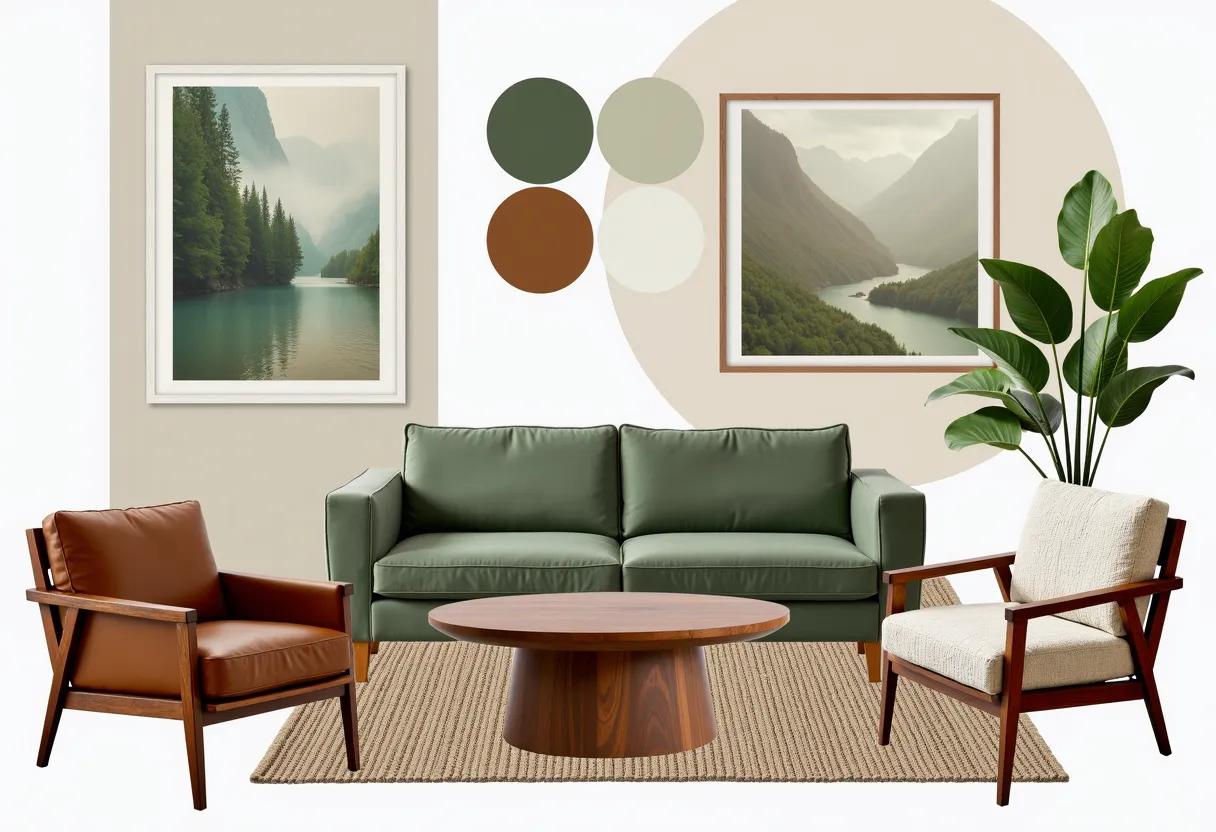 spring 2026 mood board with sage green soft coral and butter yellow living room palette